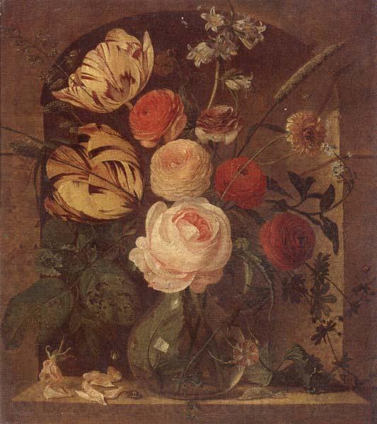 unknow artist Still life of various flowers in a glass vase,set in a niche Spain oil painting art